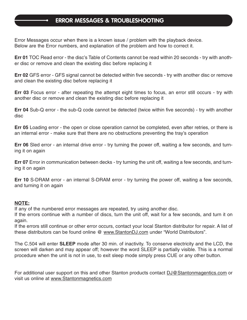 Error messages & troubleshooting | Stanton C.504 User Manual | Page 28 / 30