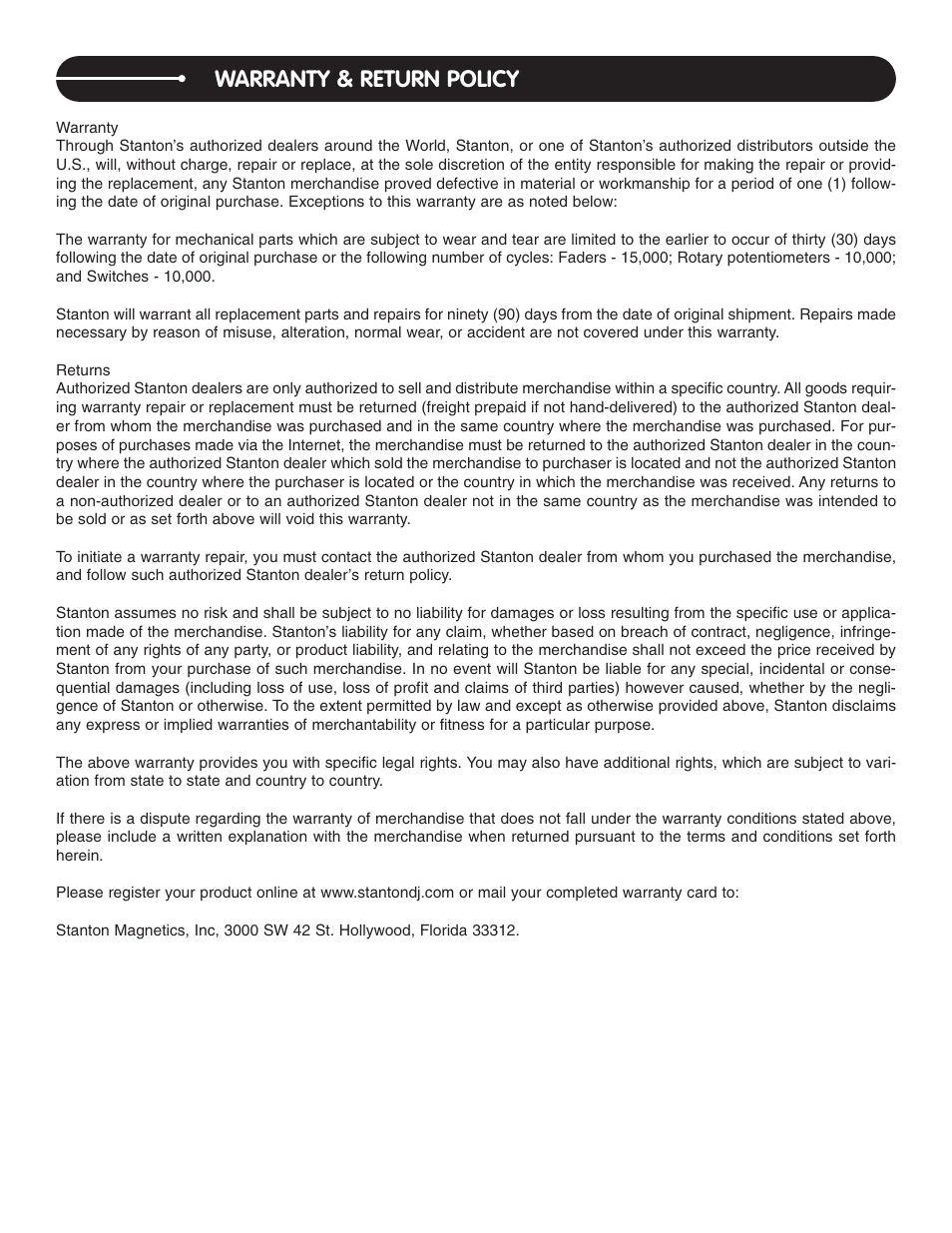 Warranty & return policy | Stanton C.504 User Manual | Page 29 / 30