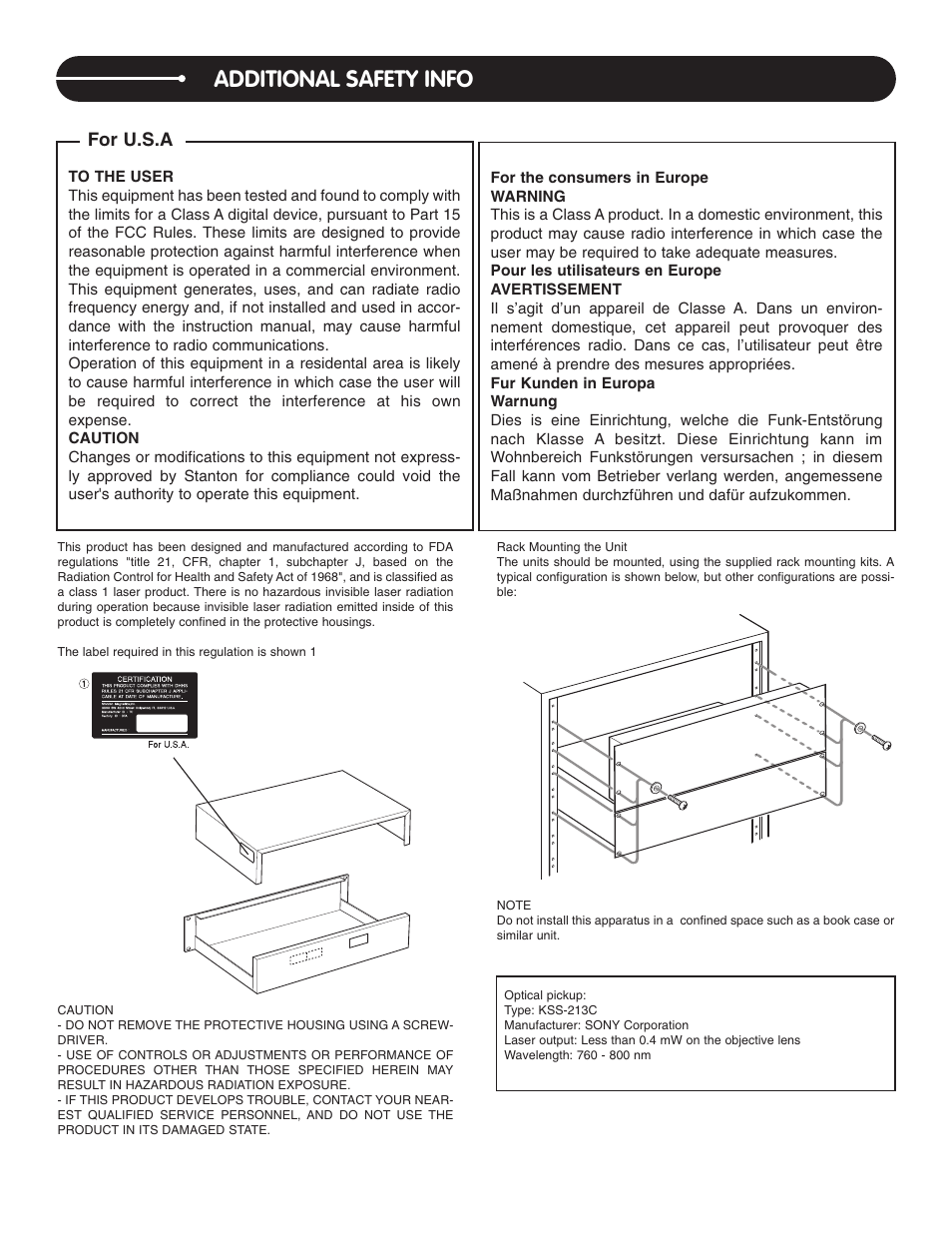 Additional safety info, For u.s.a | Stanton C.504 User Manual | Page 30 / 30