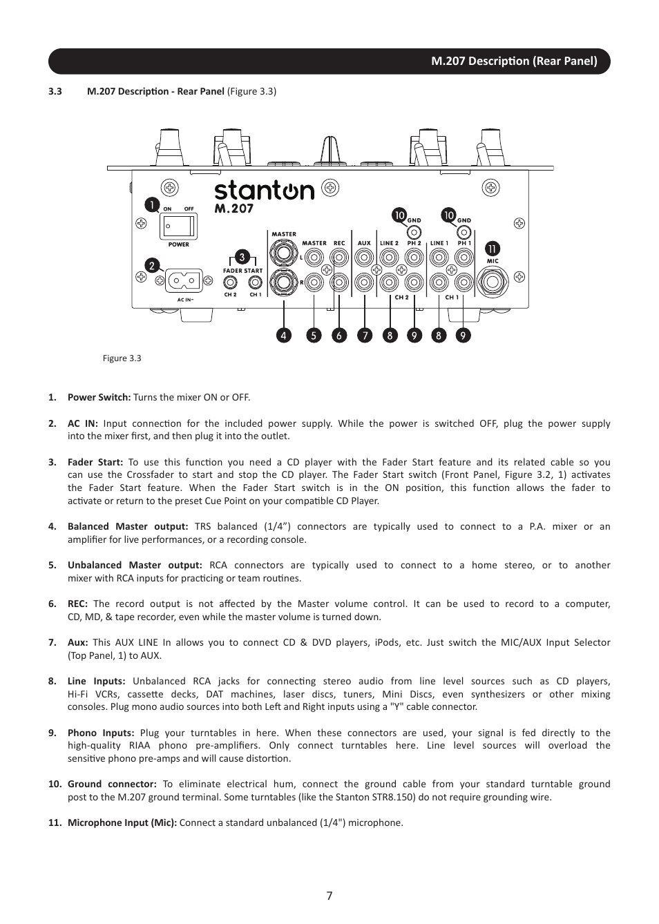 3 m.207 description - rear panel | Stanton M.207 User Manual | Page 10 / 28