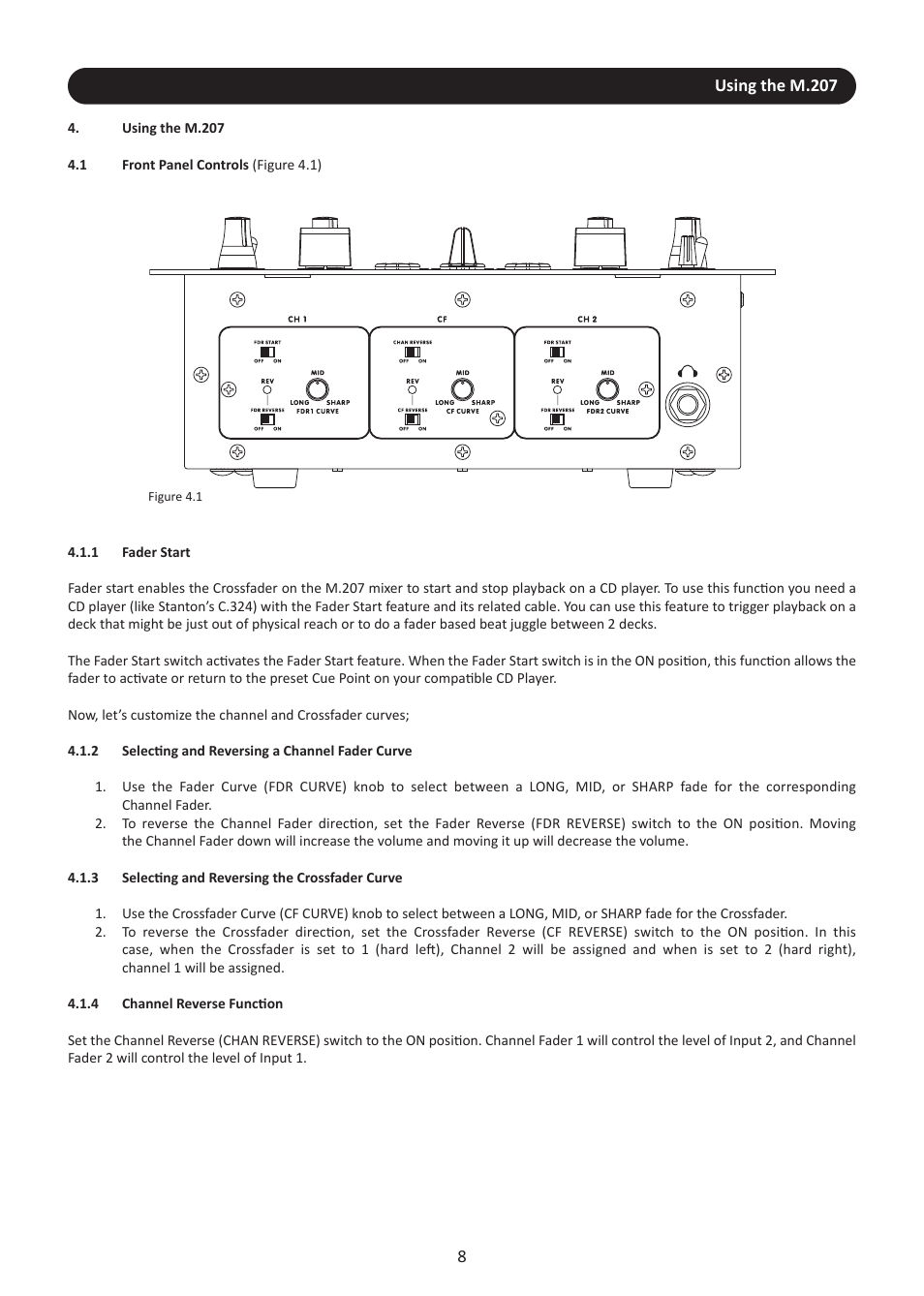Using the m.207, 1 front panel controls, 1 fader start | 2 selecting and reversing a channel fader curve, 3 selecting and reversing the crossfader curve, 4 channel reverse function | Stanton M.207 User Manual | Page 11 / 28