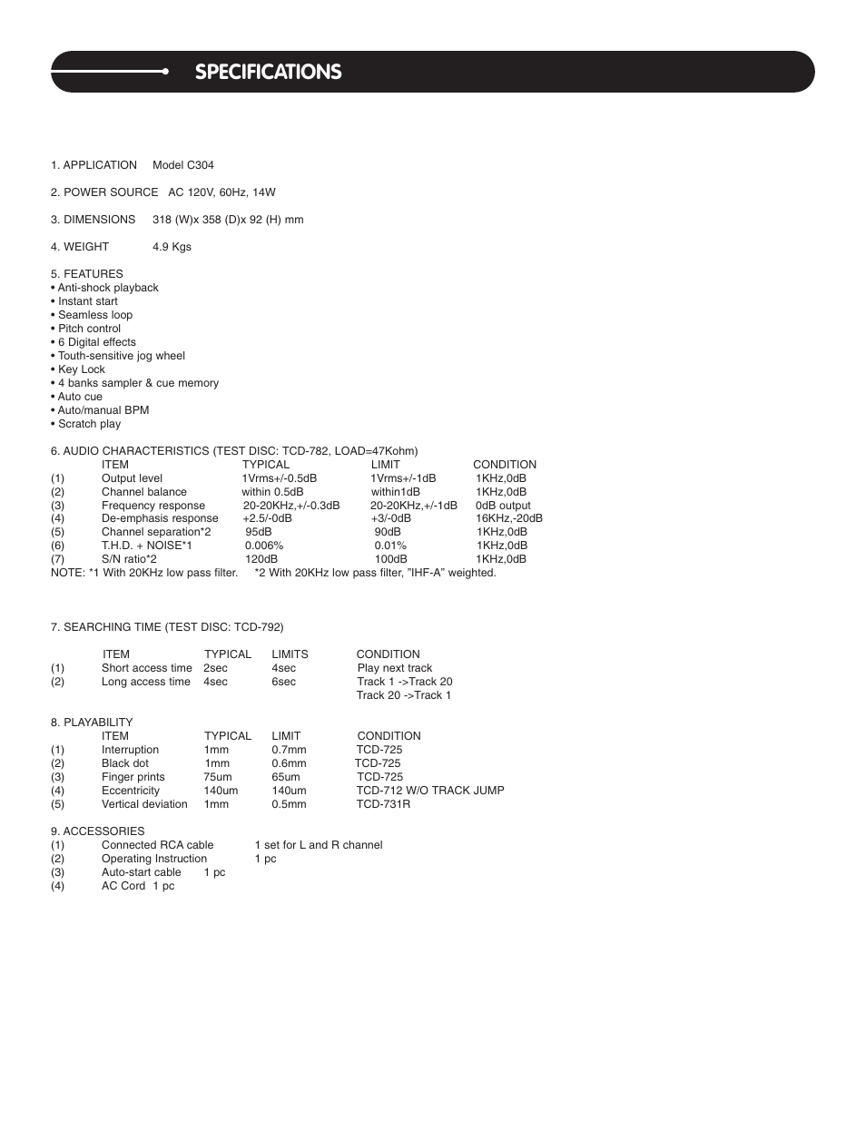 Specifications | Stanton C.304 User Manual | Page 10 / 11