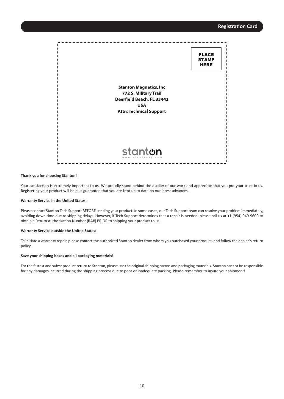 Registration card | Stanton RM.416 User Manual | Page 13 / 16