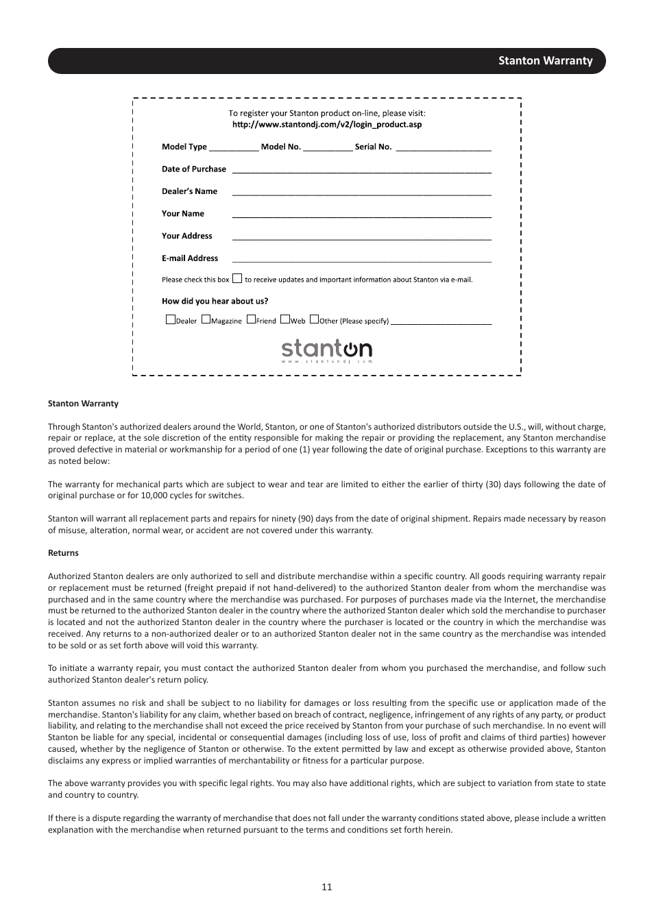 Stanton warranty | Stanton RM.416 User Manual | Page 14 / 16