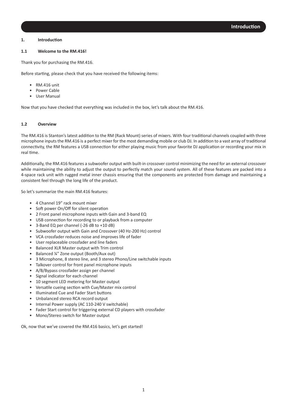 Introduction, 1 welcome to the rm.416, 2 overview | Stanton RM.416 User Manual | Page 4 / 16