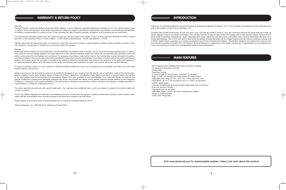 Introduction, Main features, Warranty & return policy | Stanton C.313 User Manual | Page 10 / 10