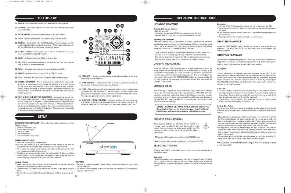 Lcd display, Setup, Operating instructions | Updating firmware, Opening and closing, Loading discs, Burning cd-r’s cd-rw’s, Selecting tracks, Starting playback, Stopping playback | Stanton C.313 User Manual | Page 6 / 10