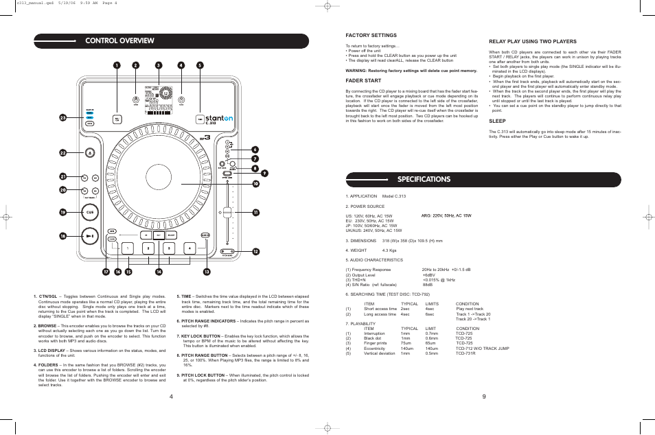 Control overview, Specifications, Factory settings | Fader start, Relay play using two players, Sleep | Stanton C.313 User Manual | Page 9 / 10