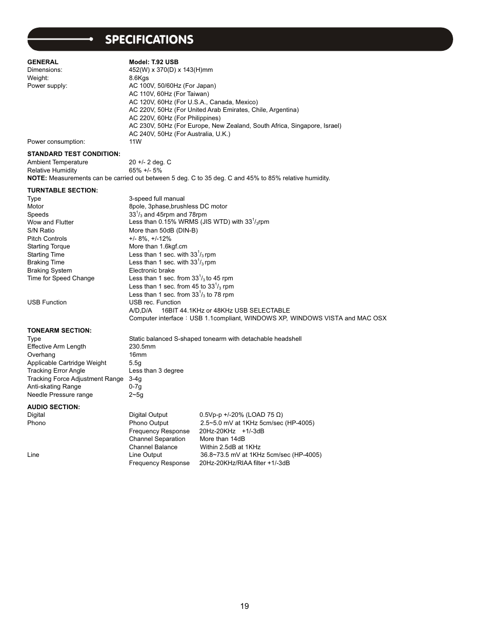 Specifications | Stanton T.62 User Manual | Page 20 / 24