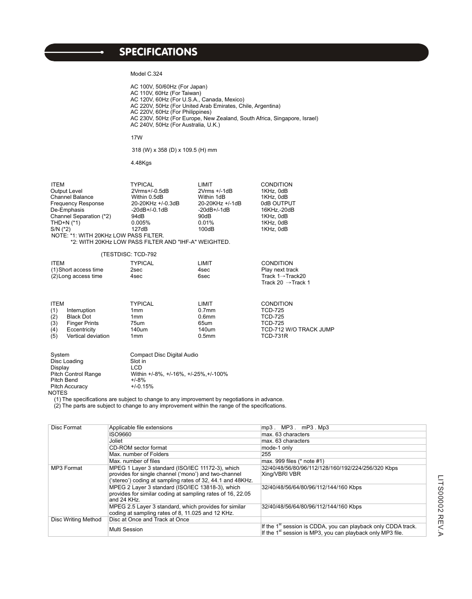Specifications | Stanton C.324 User Manual | Page 12 / 12
