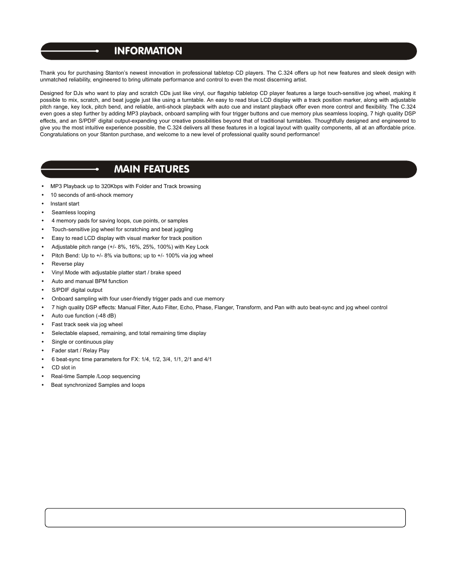 Information main features | Stanton C.324 User Manual | Page 3 / 12