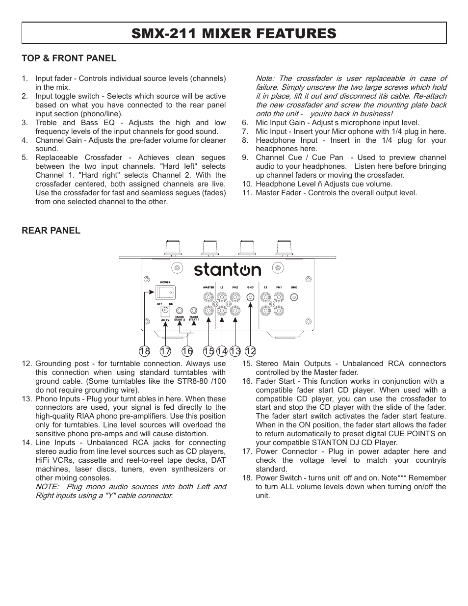 Smx-211 mixer features | Stanton DIGIPAK SINGLE TOP LOADING CD PLAYER PROFESSIONAL PREAMP MIXER User Manual | Page 7 / 12