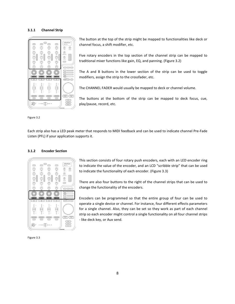 1 channel strip, 2 encoder section | Stanton Mixer Control Surface/Audio Interface SCS.1m User Manual | Page 11 / 54