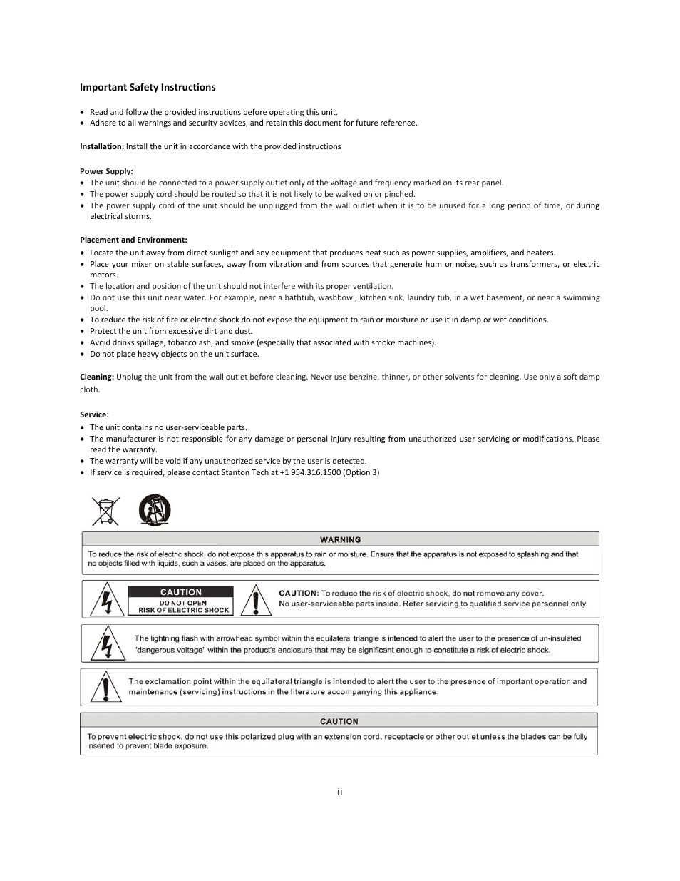 Important safety instructions | Stanton Mixer Control Surface/Audio Interface SCS.1m User Manual | Page 2 / 54