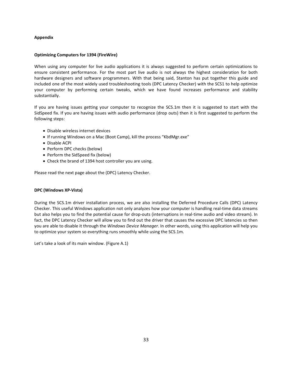 Appendix, Optimizing computers for 1394 (firewire ) | Stanton Mixer Control Surface/Audio Interface SCS.1m User Manual | Page 36 / 54