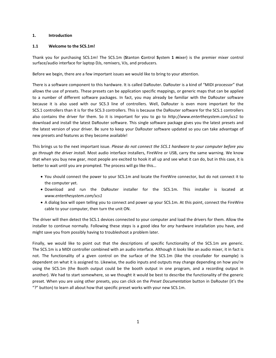 Introduction, 1 welcome to the scs.1m, Welcome to the scs.1m | Stanton Mixer Control Surface/Audio Interface SCS.1m User Manual | Page 4 / 54