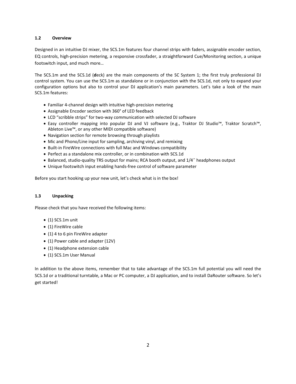 2 overview, 3 unpacking, Overview | Stanton Mixer Control Surface/Audio Interface SCS.1m User Manual | Page 5 / 54