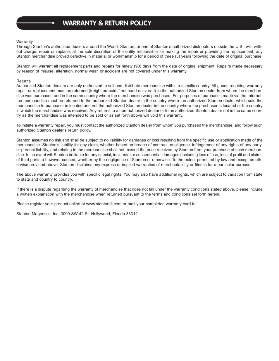 Warranty & return policy | Stanton A.2800 User Manual | Page 12 / 16
