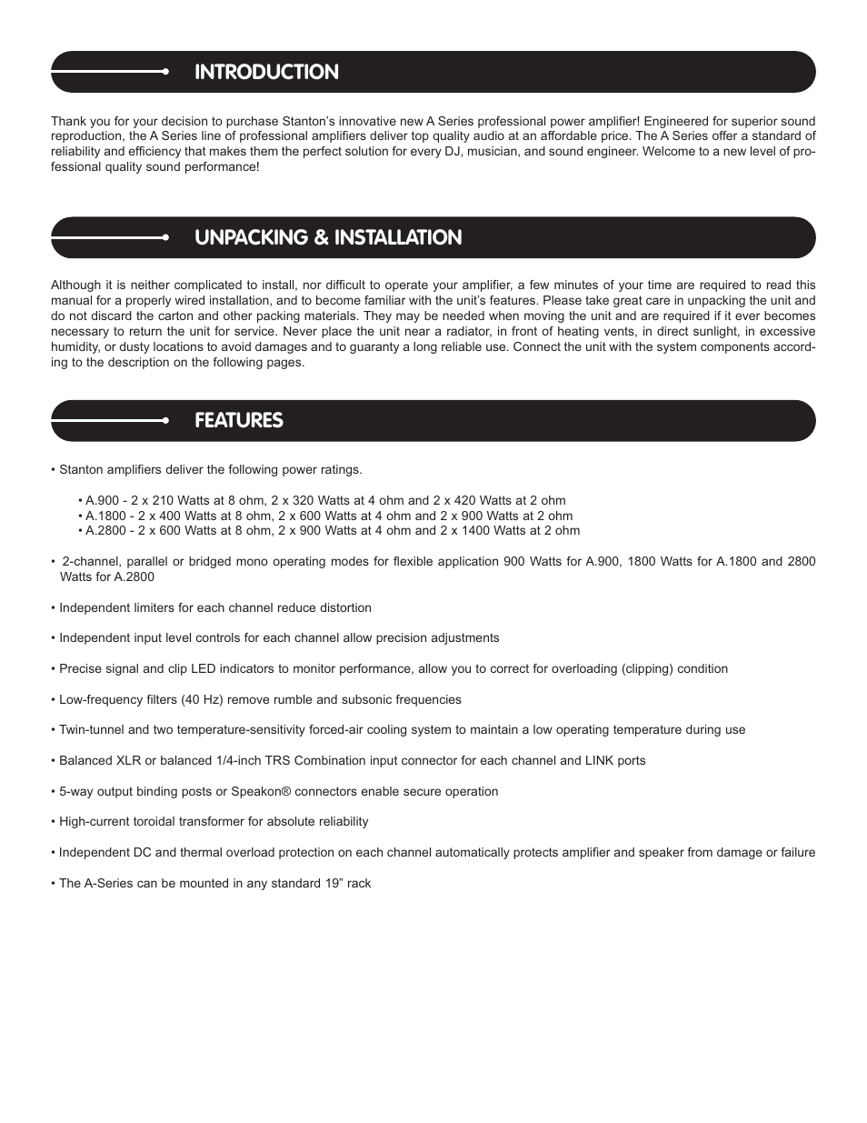 Introduction, Unpacking & installation, Features | Stanton A.2800 User Manual | Page 3 / 16