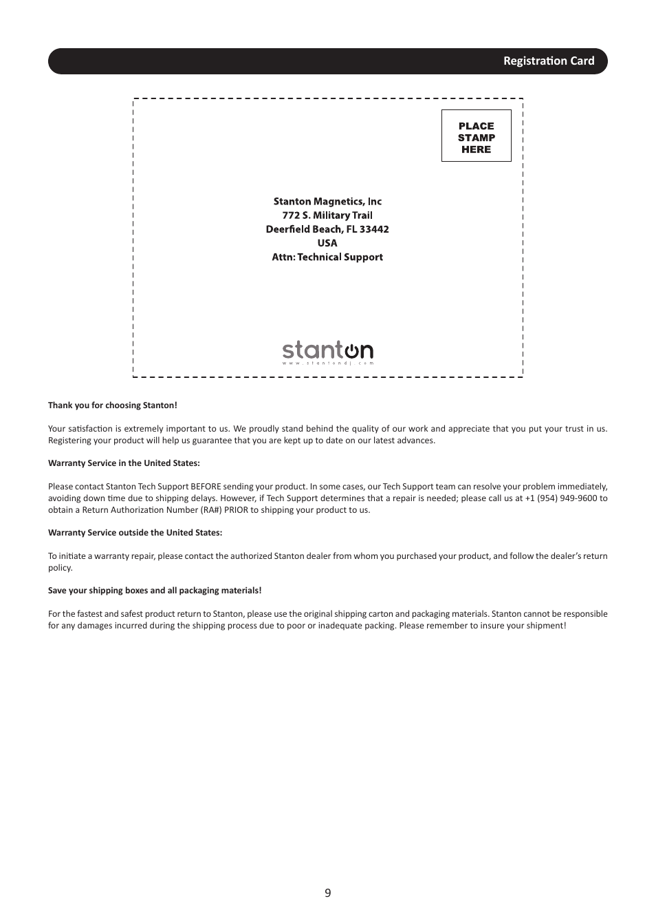 Registration card | Stanton M.203 User Manual | Page 12 / 15