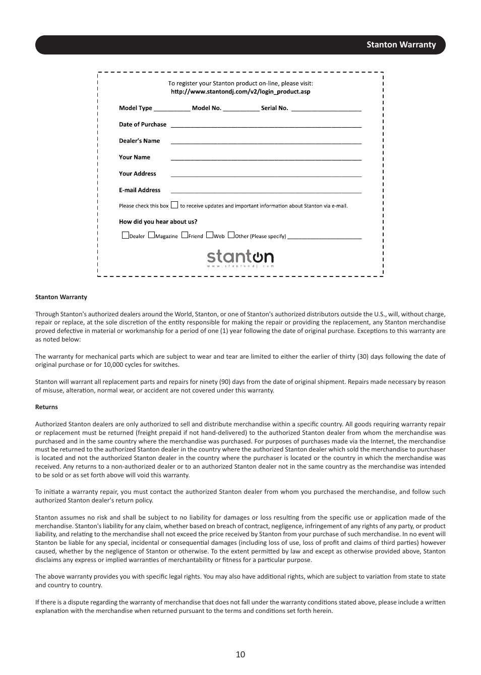 Stanton warranty | Stanton M.203 User Manual | Page 13 / 15