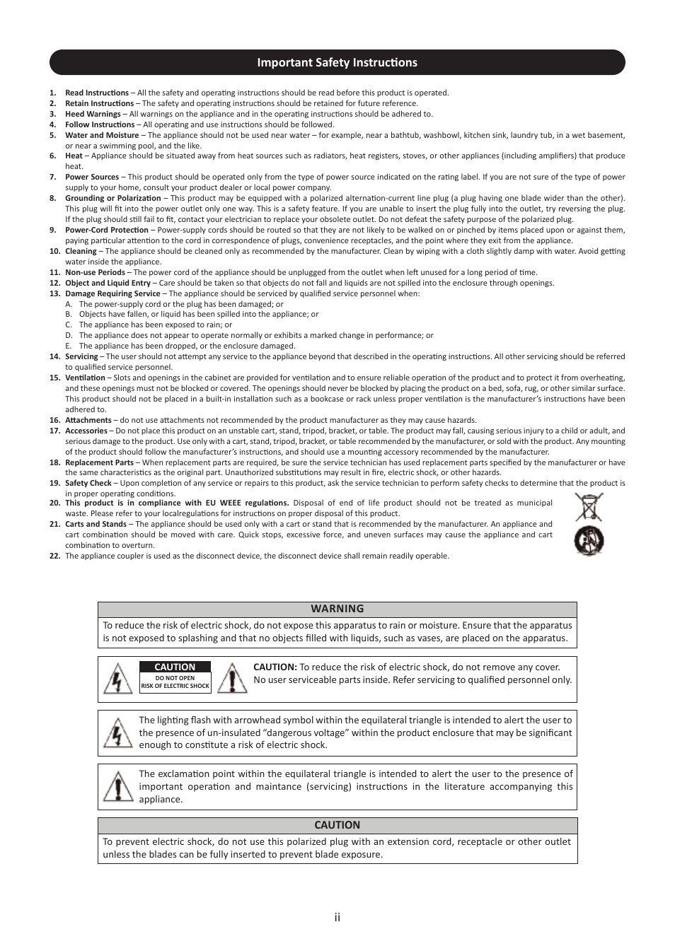 Important safety instructions, Warning, Caution | Stanton M.203 User Manual | Page 2 / 15
