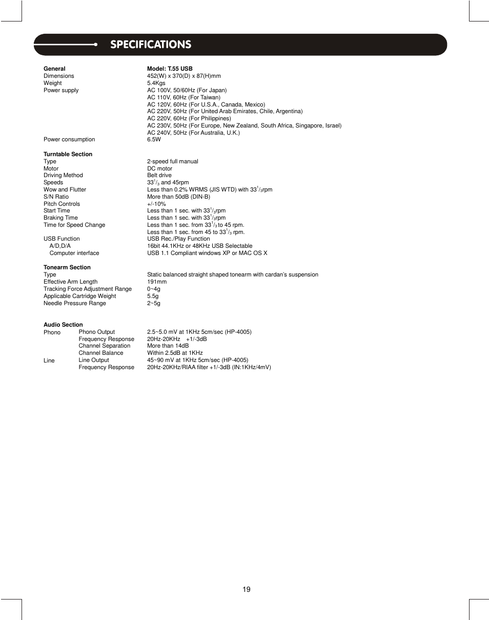 Specifications | Stanton T.55 USB User Manual | Page 19 / 20