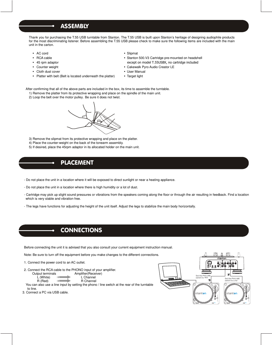 Assembly, Placement, Connections | Assembly connections placement | Stanton T.55 USB User Manual | Page 3 / 20