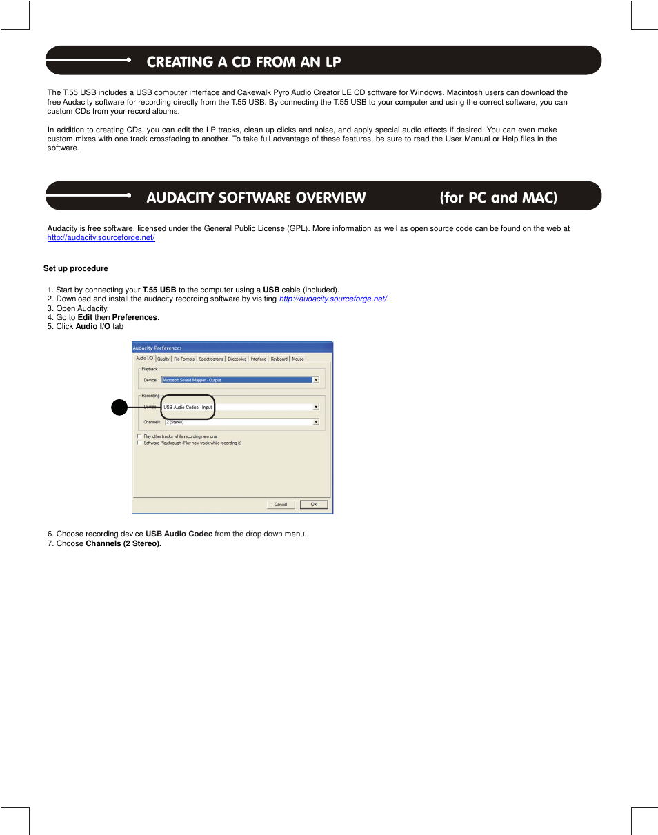 Creating a cd from an lp, Software overview, Audacity software overview (for pc and mac) | Stanton T.55 USB User Manual | Page 6 / 20