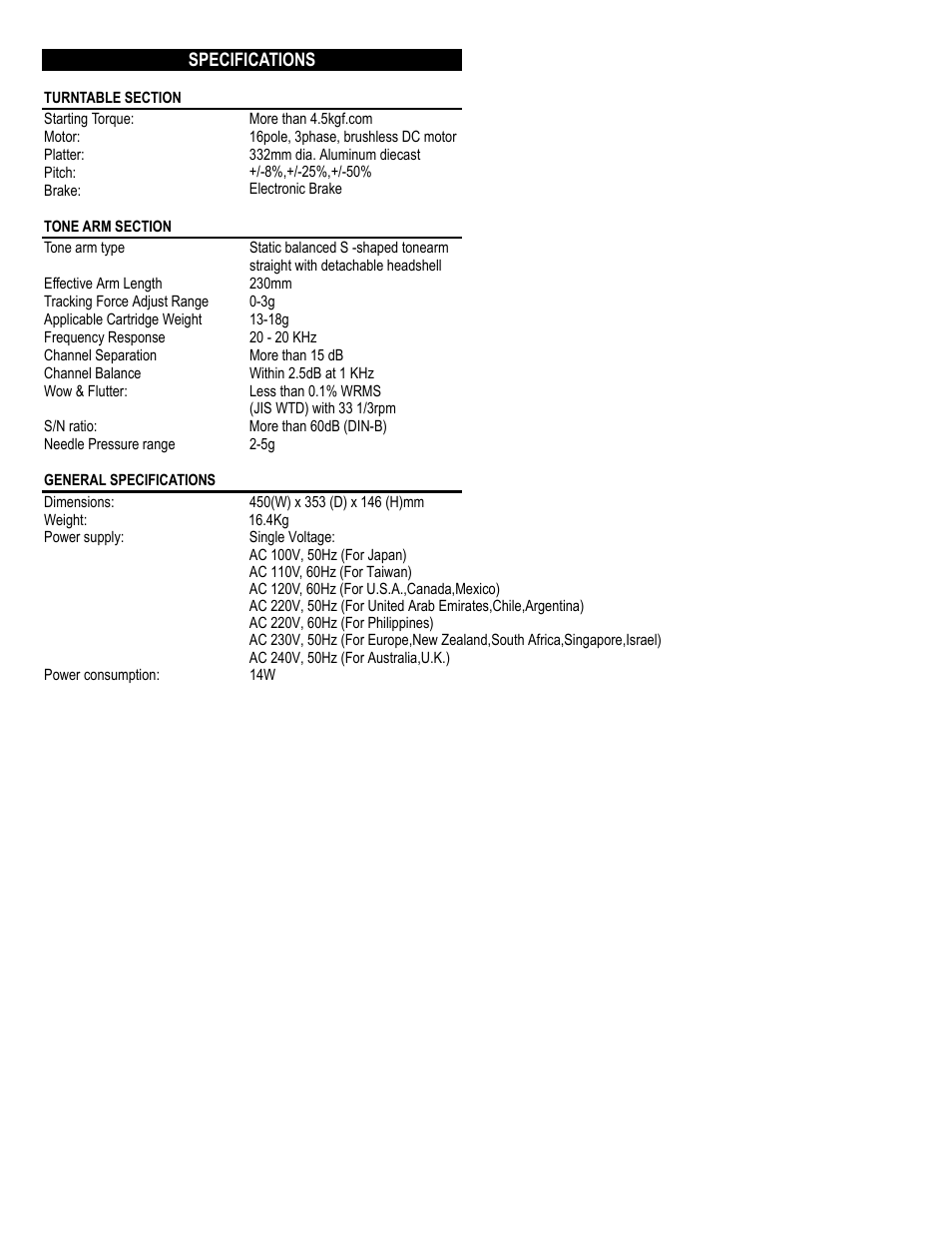 Turntable section, Tone arm section, General specifications | Stanton ST-150 User Manual | Page 6 / 10
