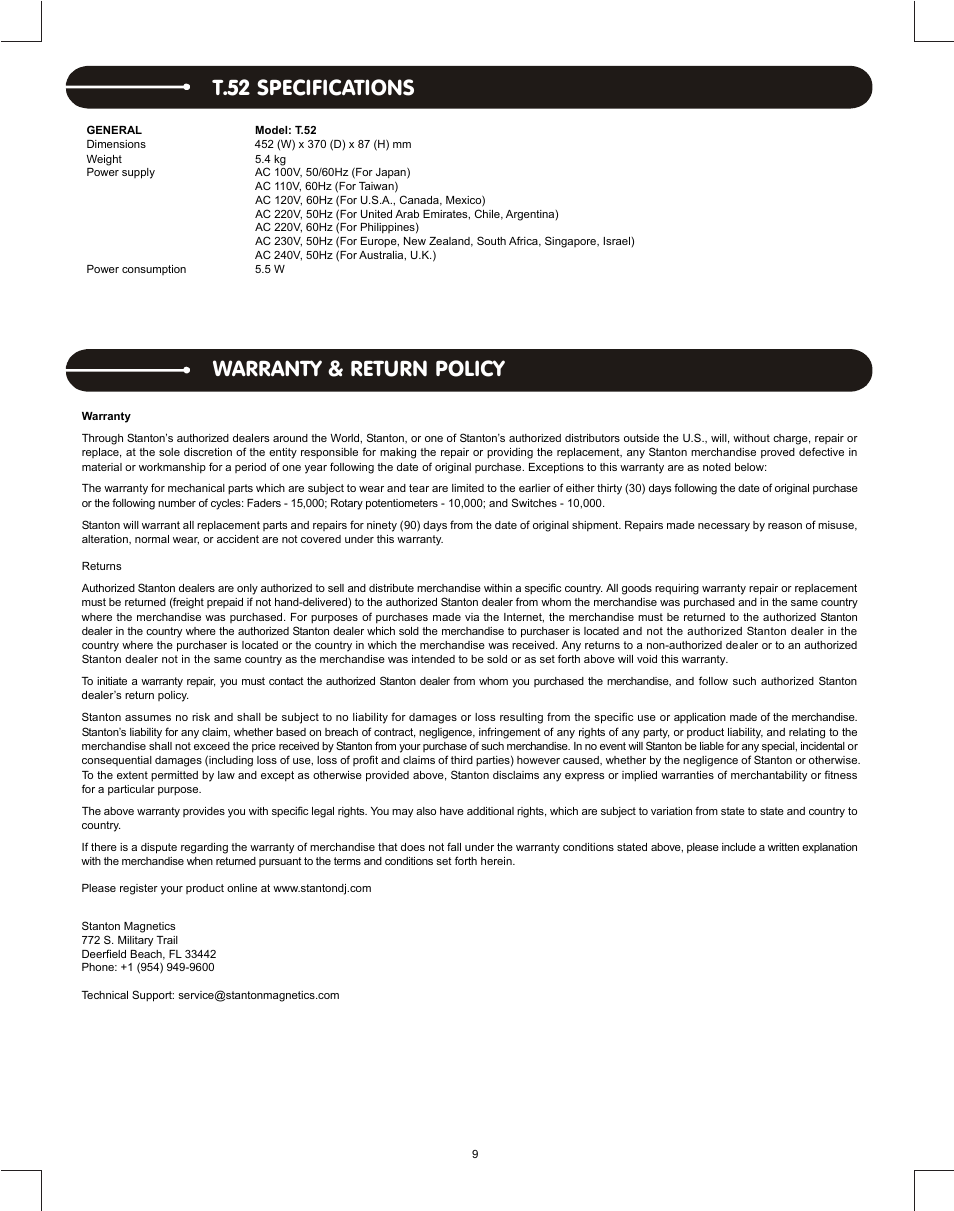 T.52 specifications, Warranty & return policy, Warranty & return policy t.52 specifications | Stanton DJLAB 1.1 User Manual | Page 11 / 12