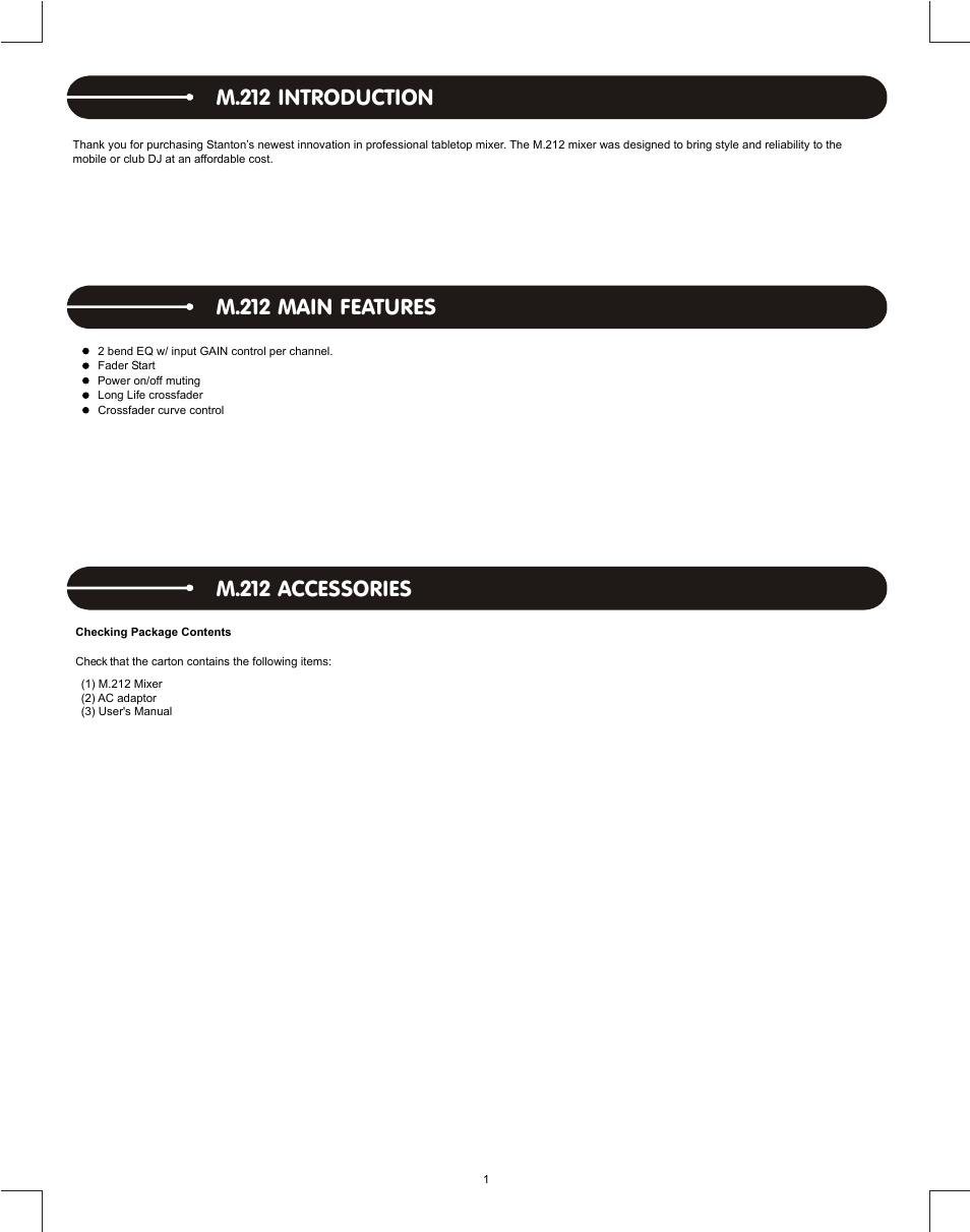 M.212, M.212 introduction, M.212 main features | M.212 accessories | Stanton DJLAB 1.1 User Manual | Page 3 / 12