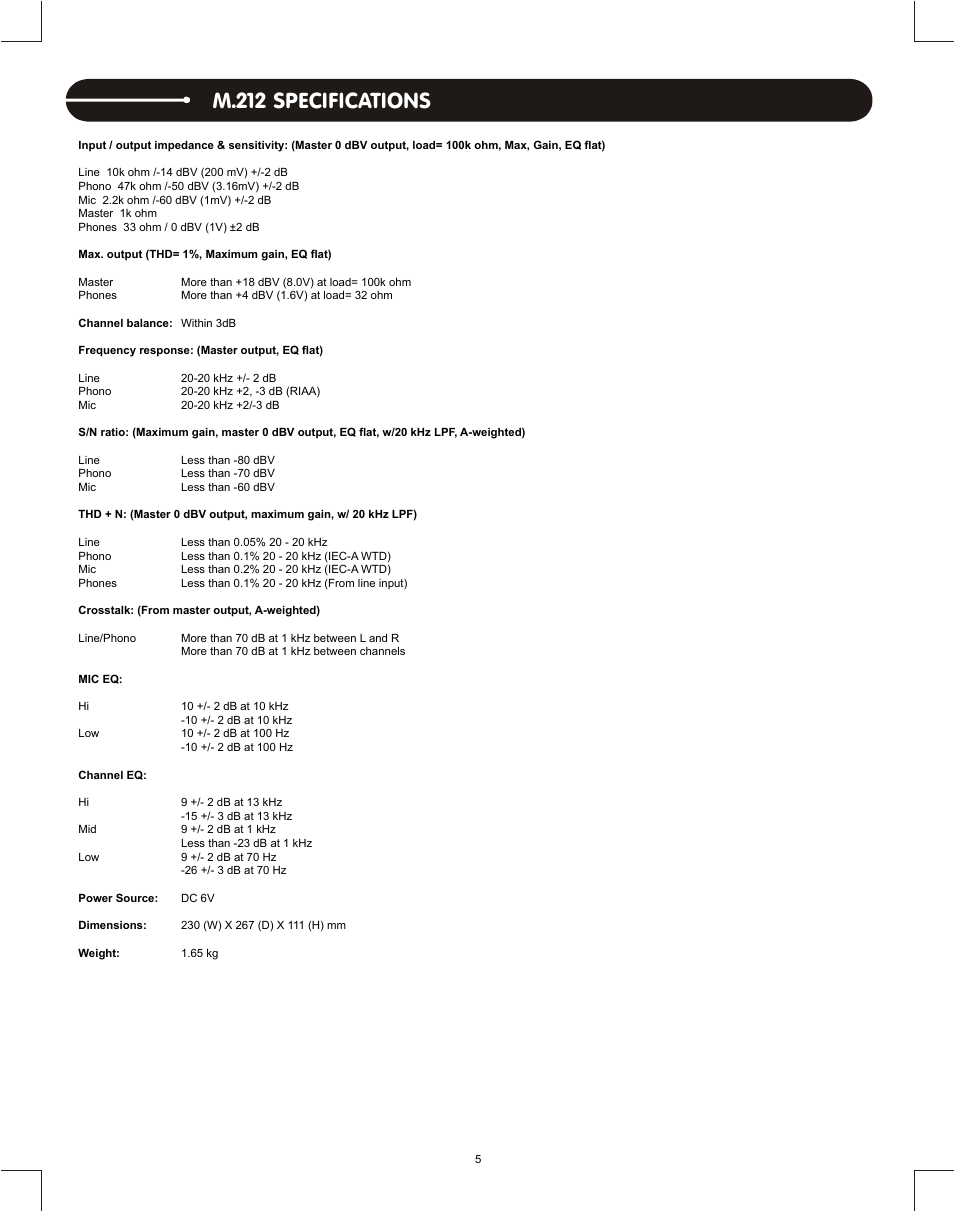 M.212 specifications | Stanton DJLAB 1.1 User Manual | Page 7 / 12