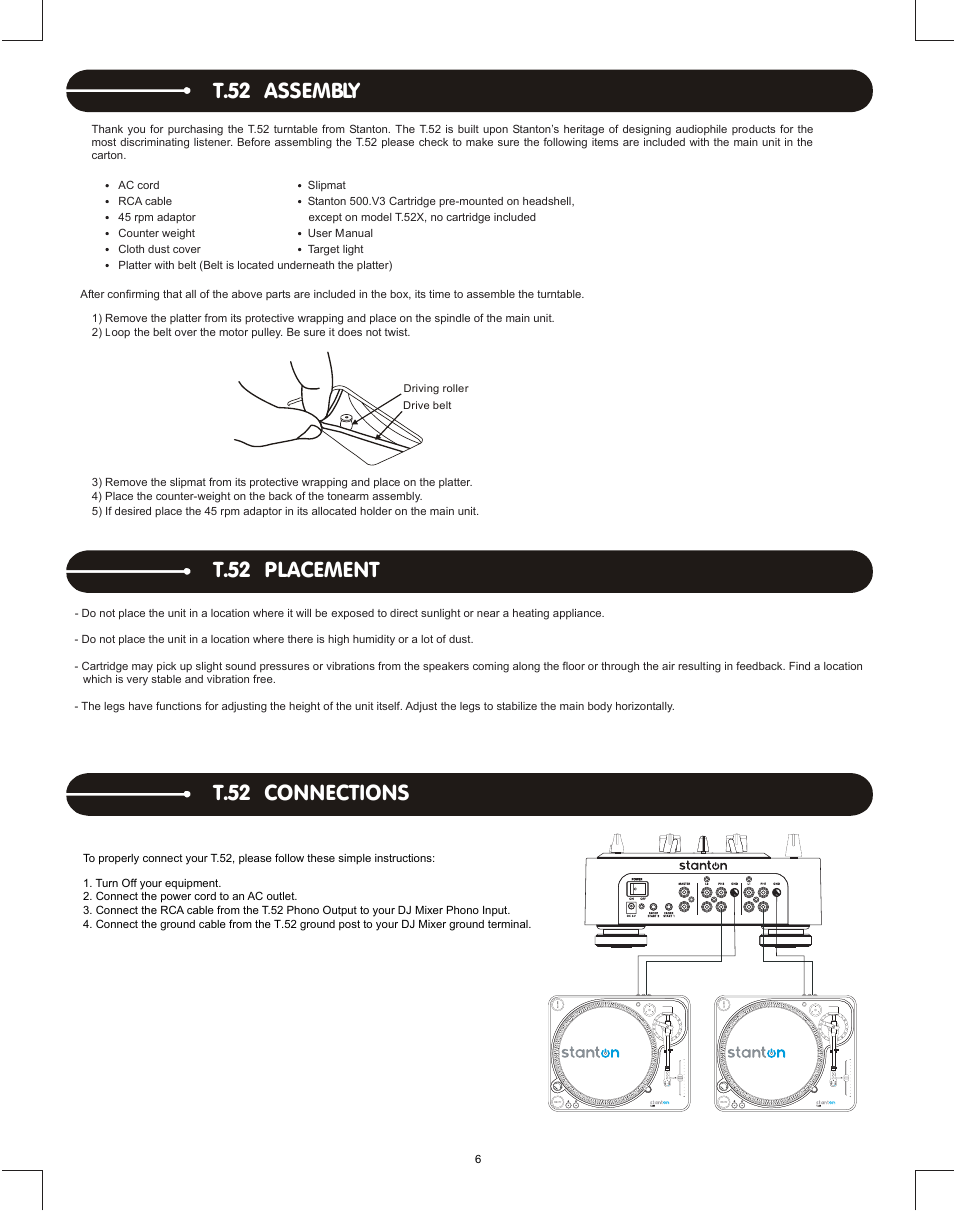 T.52, T.52 assembly, T.52 placement | T.52 connections | Stanton DJLAB 1.1 User Manual | Page 8 / 12