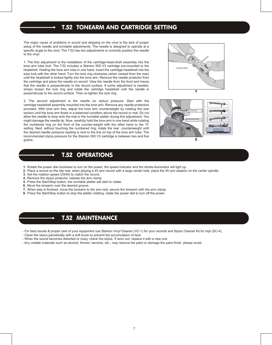 T.52 tonearm and cartridge setting, T.52 operations, T.52 maintenance | C onnections | Stanton DJLAB 1.1 User Manual | Page 9 / 12