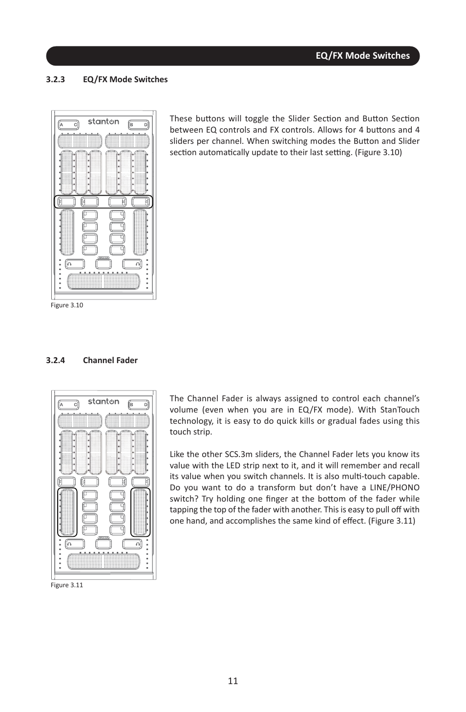 3 eq/fx mode switches, 4 channel fader, Eq/fx mode switches | Figure 3.10, Figure 3.11 | Stanton SCS.3M User Manual | Page 15 / 72