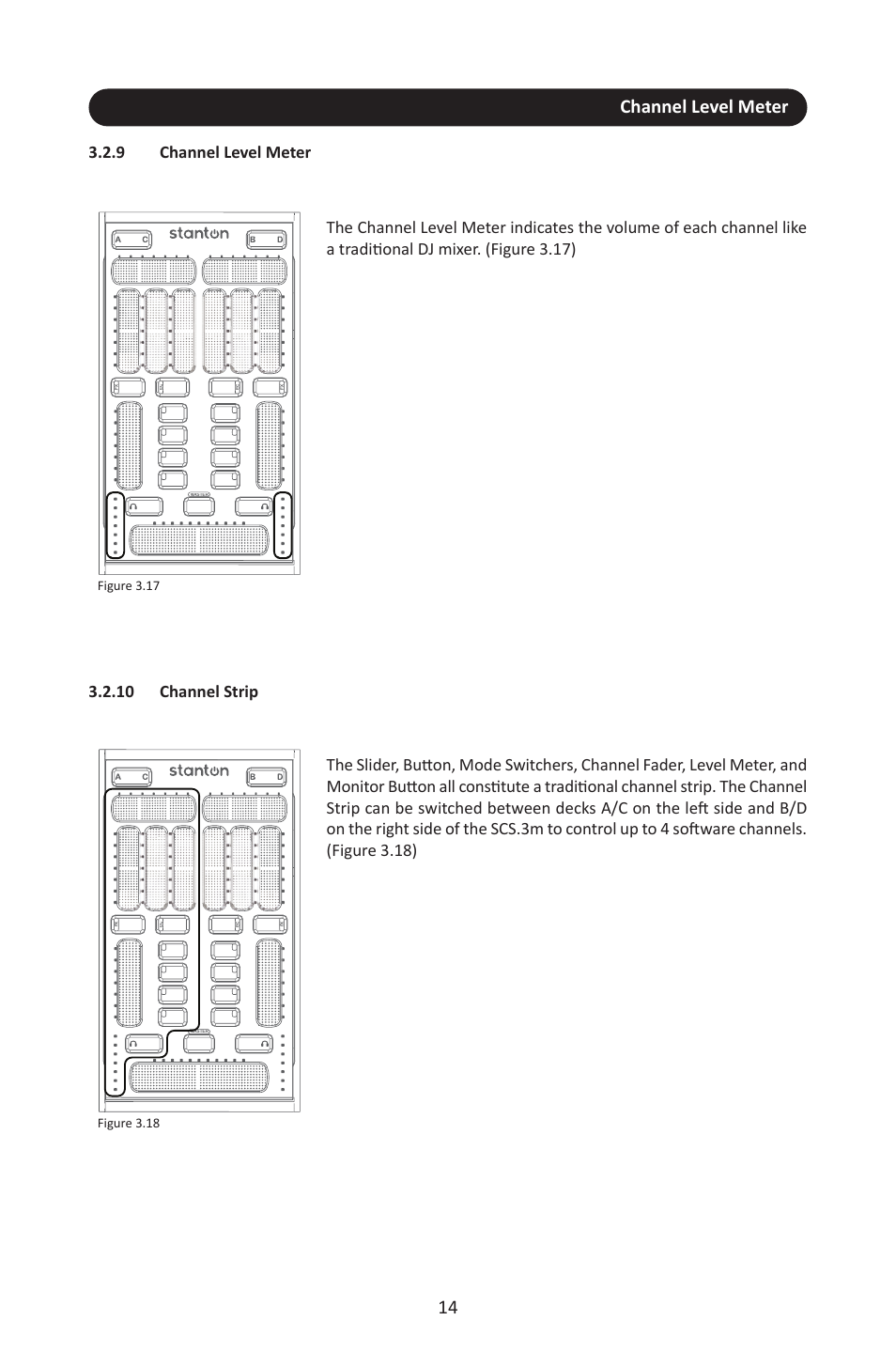 9 channel level meter, 10 channel strip, Channel level meter 14 | Figure 3.17, Figure 3.18 | Stanton SCS.3M User Manual | Page 18 / 72