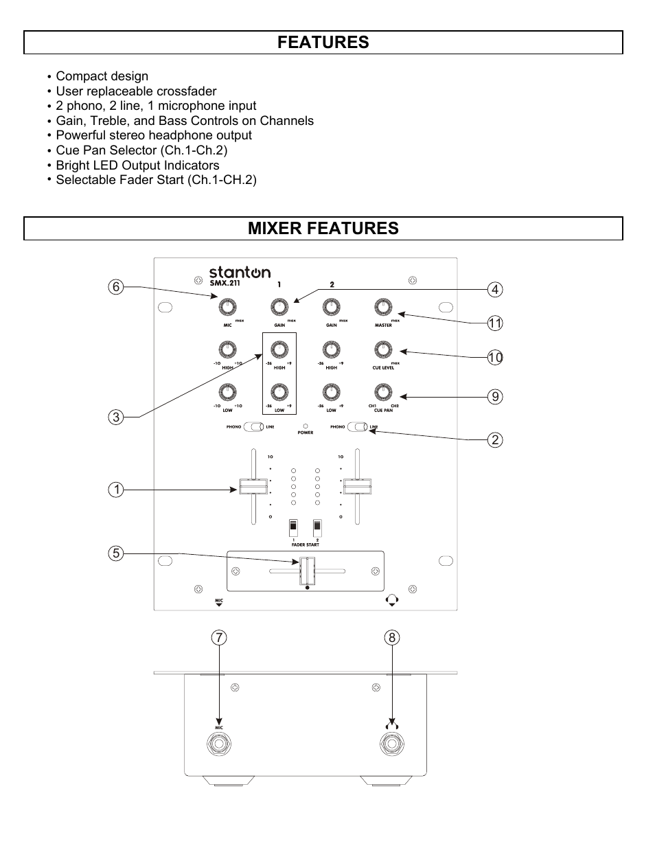 Features, Mixer features | Stanton SMX.211 User Manual | Page 3 / 9