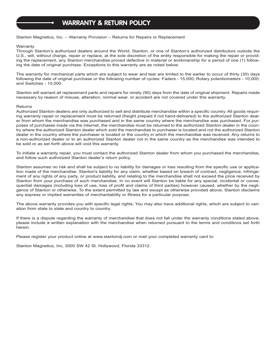 Warranty & return policy | Stanton M.505 User Manual | Page 10 / 12