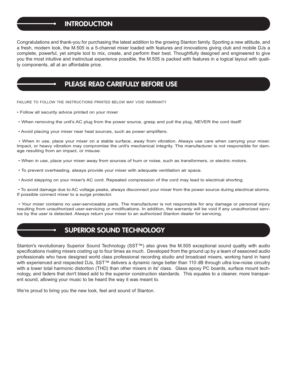 Introduction, Please read carefully before use, Superior sound technology | Stanton M.505 User Manual | Page 2 / 12