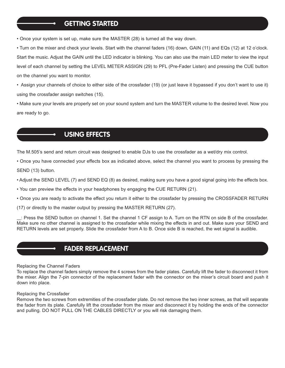Fader replacement, Getting started, Using effects | Stanton M.505 User Manual | Page 7 / 12
