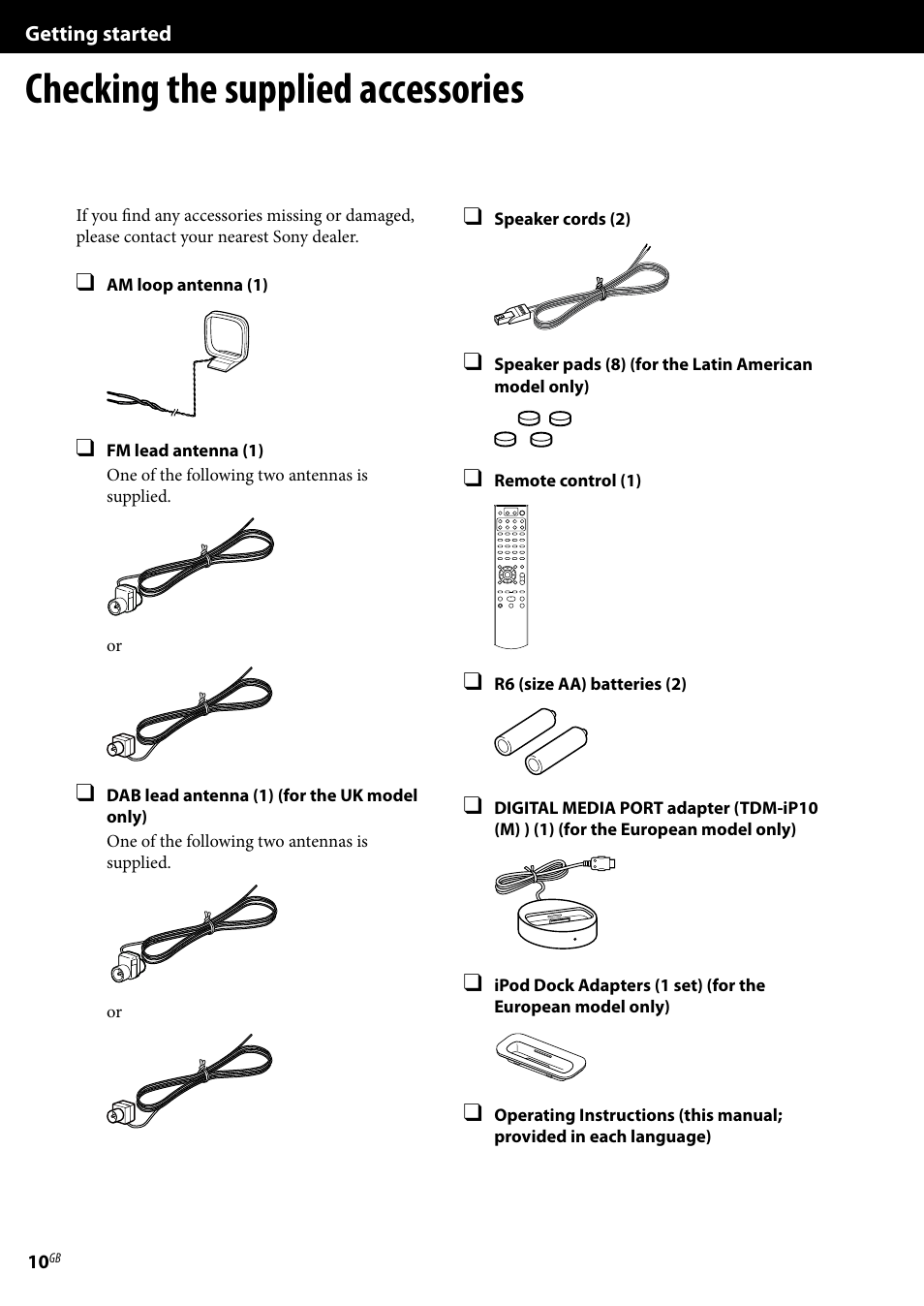 Getting started, Checking the supplied accessories | Sony Ericsson NAS-E35HD User Manual | Page 10 / 76