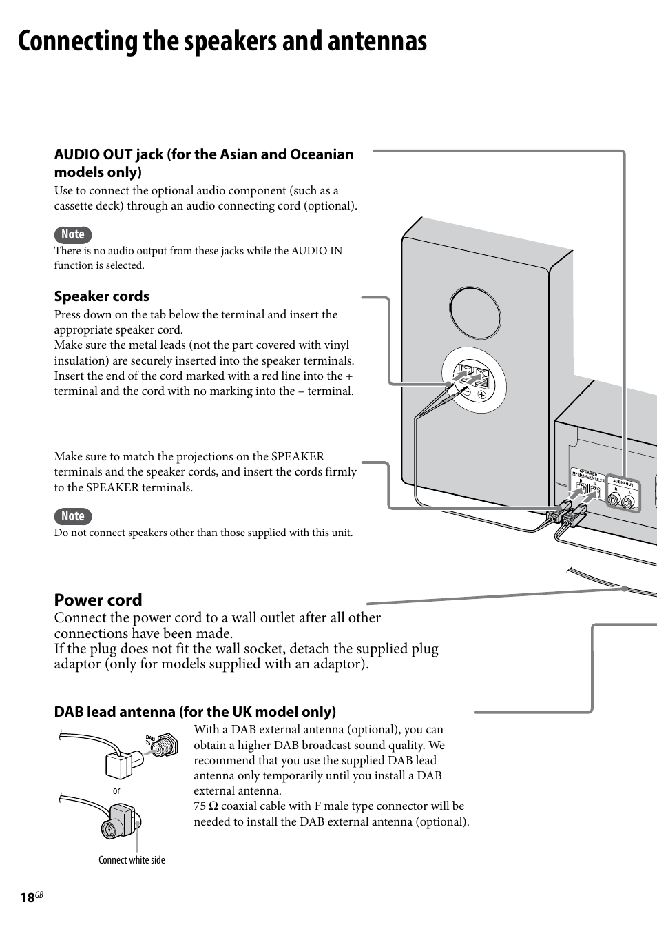 Connecting the speakers and antennas, Power cord | Sony Ericsson NAS-E35HD User Manual | Page 18 / 76