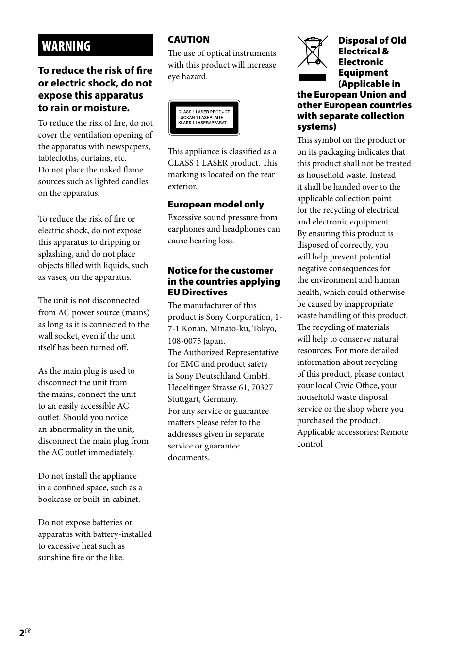 Warning | Sony Ericsson NAS-E35HD User Manual | Page 2 / 76