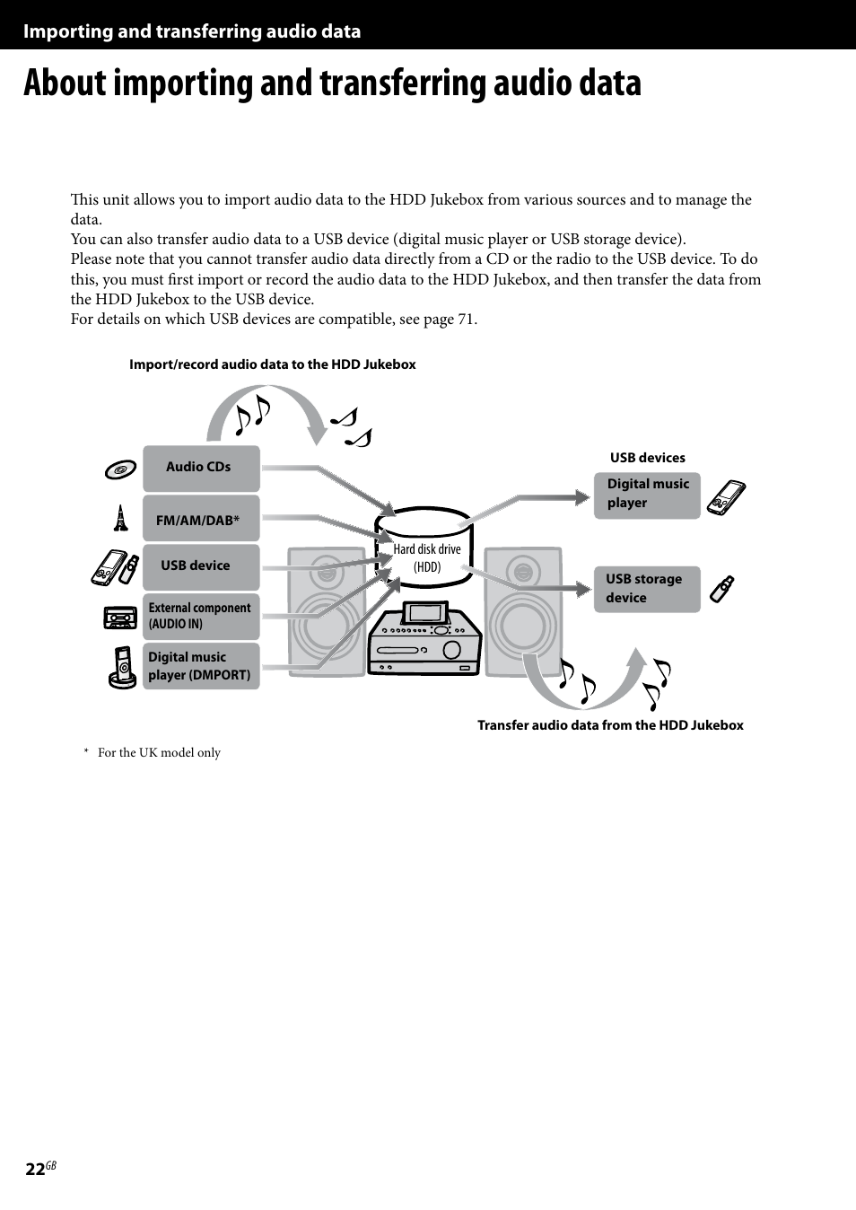 Importing and transferring audio data, About importing and transferring audio data | Sony Ericsson NAS-E35HD User Manual | Page 22 / 76