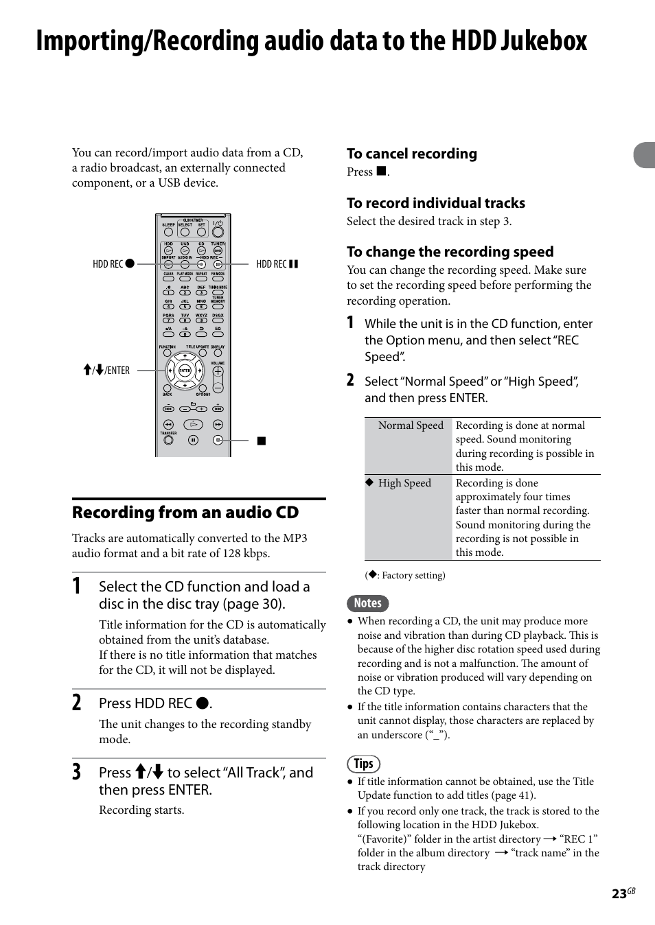 Importing/recording audio data to the hdd jukebox, Recording from an audio cd, Importing/recording audio data to the hdd | Jukebox | Sony Ericsson NAS-E35HD User Manual | Page 23 / 76