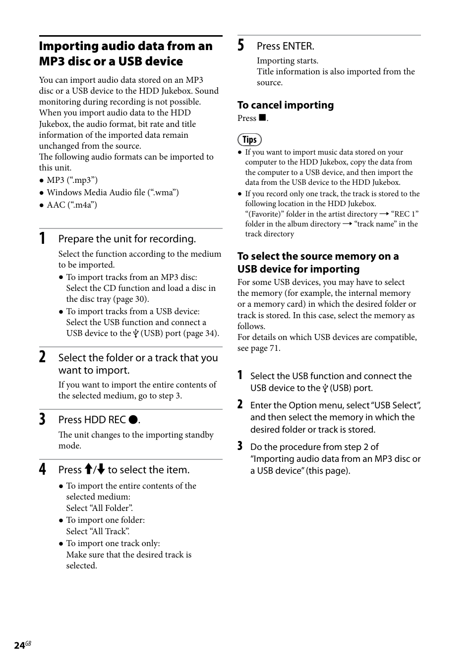 Importing audio data from an mp3 disc or a usb, Device | Sony Ericsson NAS-E35HD User Manual | Page 24 / 76