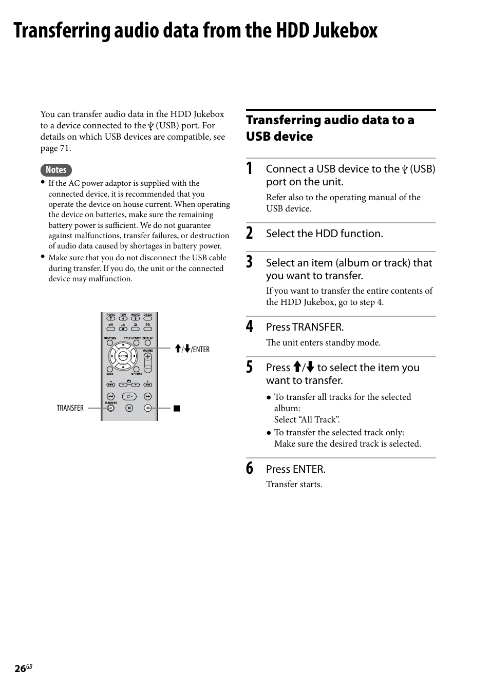 Transferring audio data from the hdd jukebox, Transferring audio data to a usb device | Sony Ericsson NAS-E35HD User Manual | Page 26 / 76