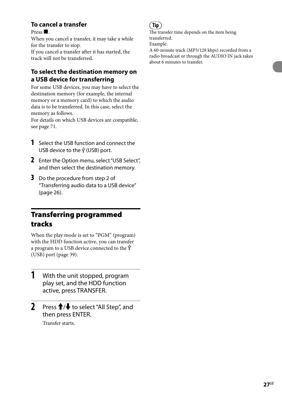 Transferring programmed tracks | Sony Ericsson NAS-E35HD User Manual | Page 27 / 76