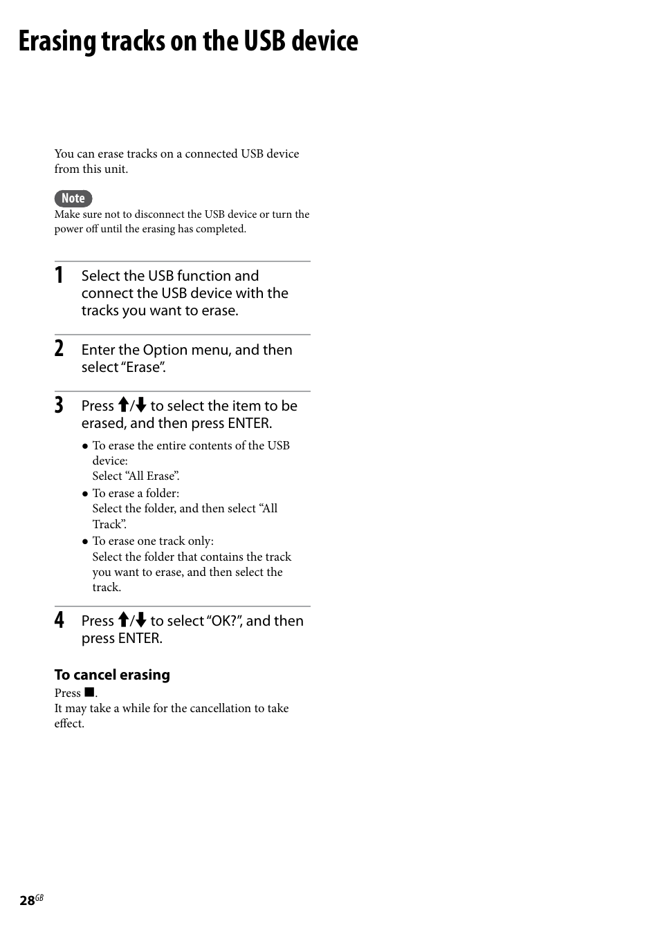 Erasing tracks on the usb device | Sony Ericsson NAS-E35HD User Manual | Page 28 / 76